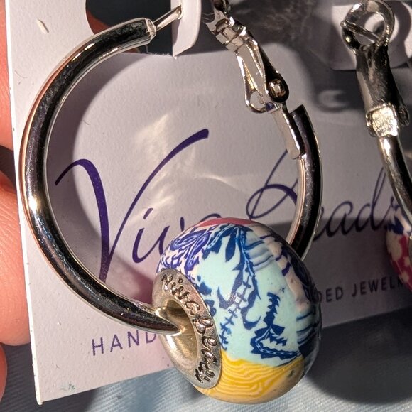 Viva Beads Blue & Yellow Ceramic Bead Hoop Earrings 5130 - Picture 2 of 6